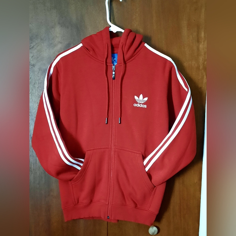 Dark red Adidas zip up drawstring hoodie